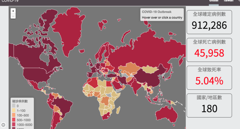 Screenshot of global COVID-19 figures by CDC